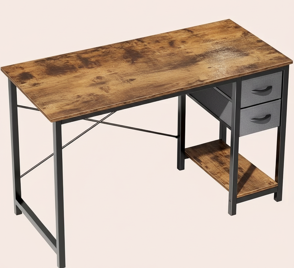 Rustic wood computer desk with fabric drawers and side shelf for storage
