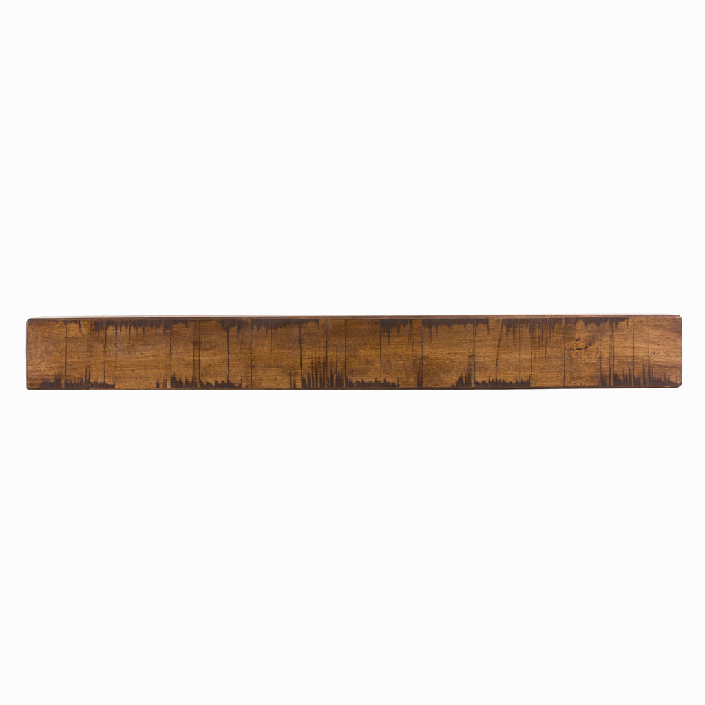Fireplace mantel shelf in warm brown reclaimed-wood finish with vertical plank texture.