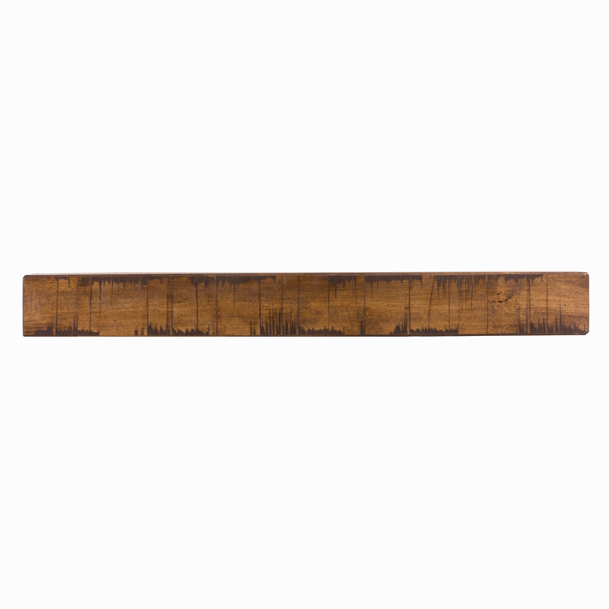 Fireplace mantel shelf in warm brown reclaimed-wood finish with vertical plank texture.
