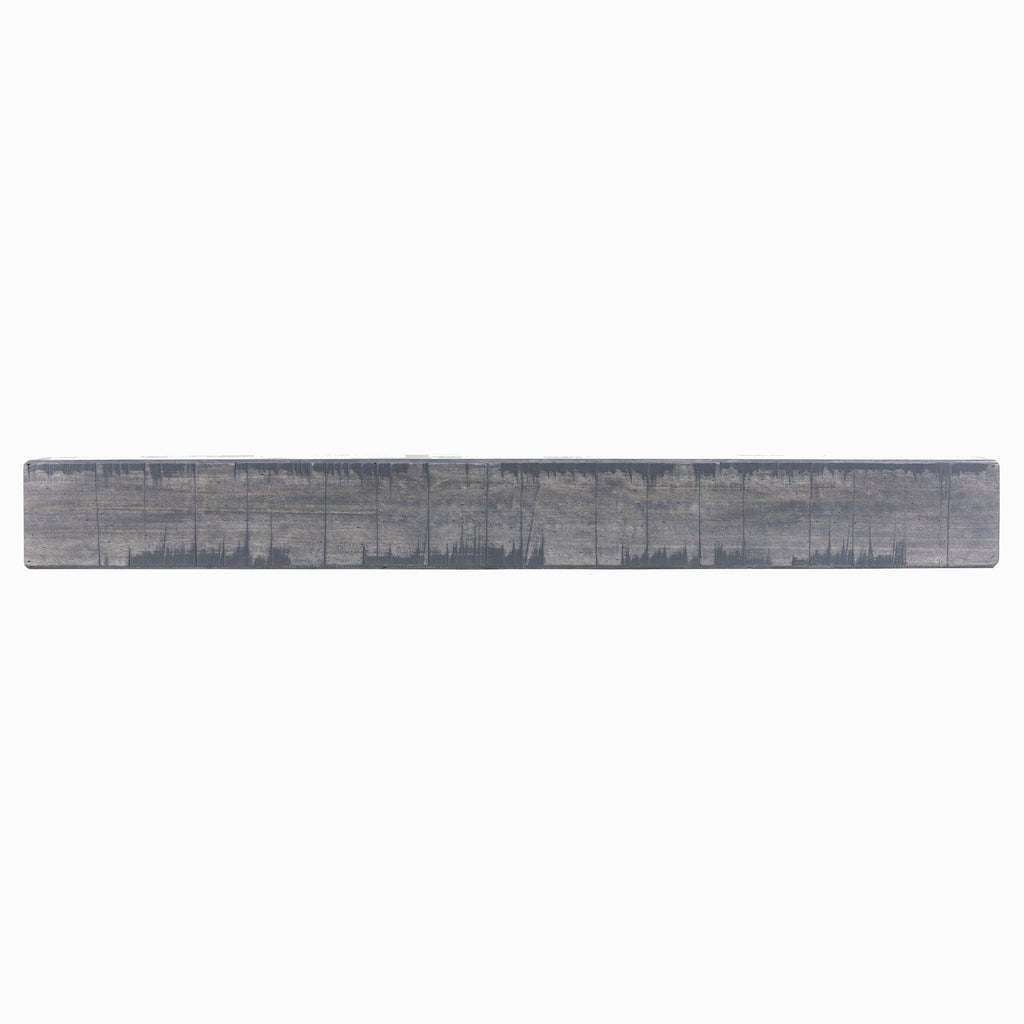 Fireplace mantel shelf in ash gray with weathered finish and visible plank line texture.