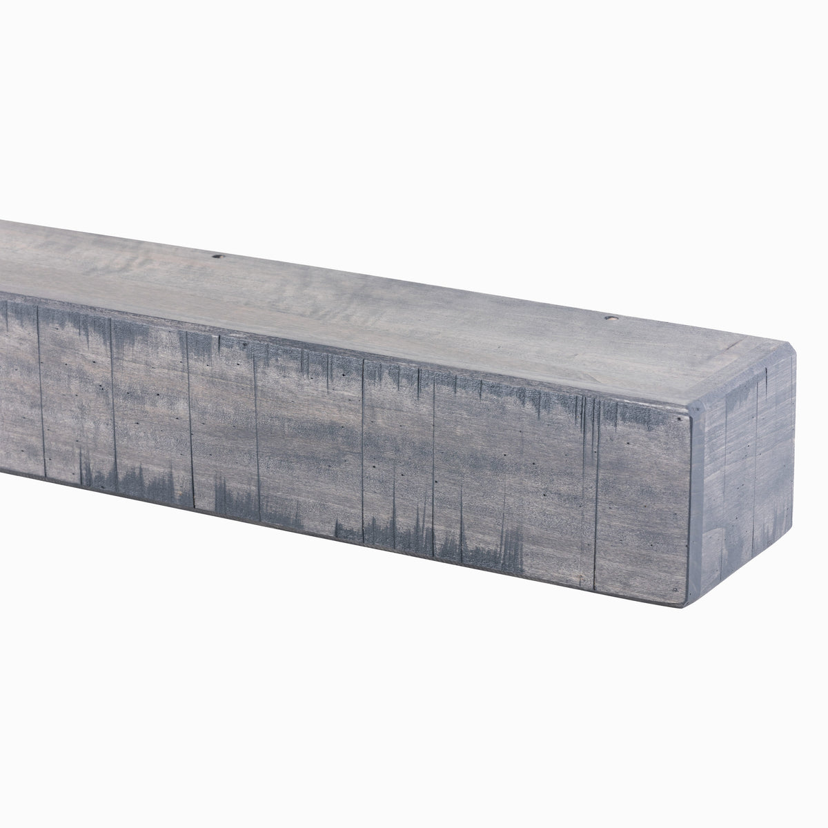 Fireplace mantel shelf in light gray weathered finish with straight edge and plank seams.