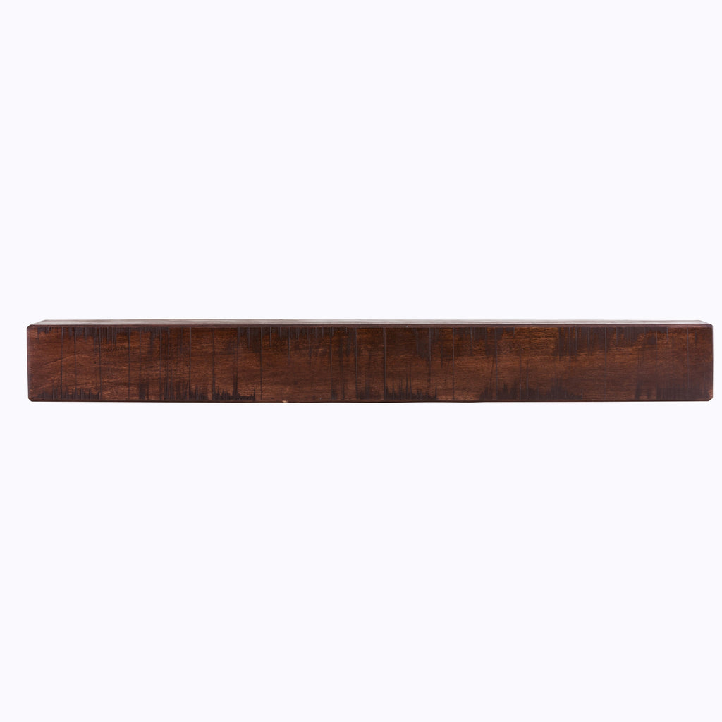Fireplace mantel shelf in warm medium brown reclaimed-wood finish with flat top and grain.
