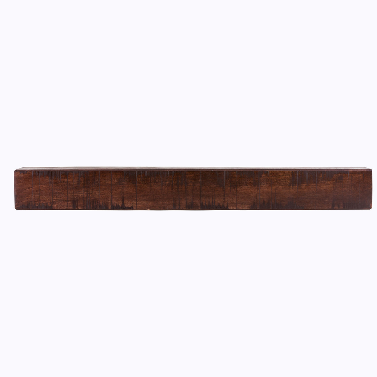 Fireplace mantel shelf in warm medium brown reclaimed-wood finish with flat top and grain.