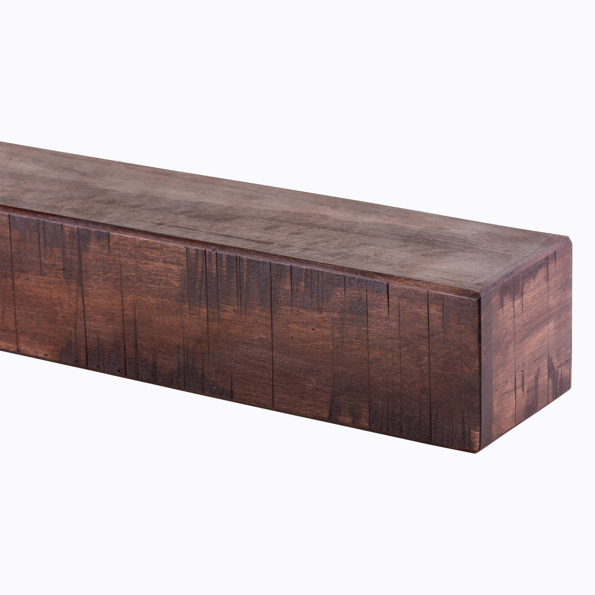 Fireplace mantel shelf in dark brown reclaimed-wood look with plank seams and distressed marks.