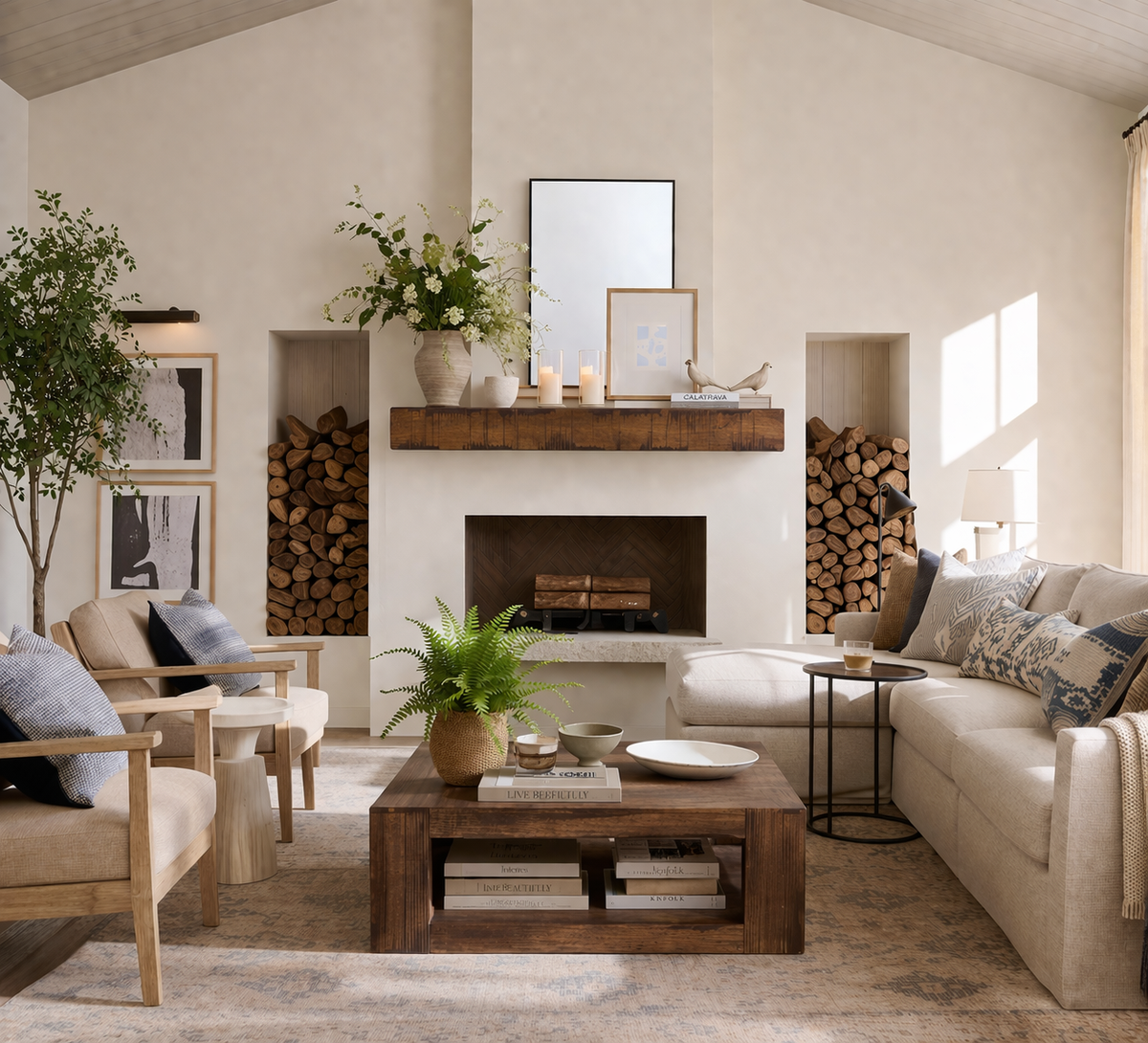 Rustic fireplace mantel shelf with dark wood finish above a built-in fireplace in a living room.