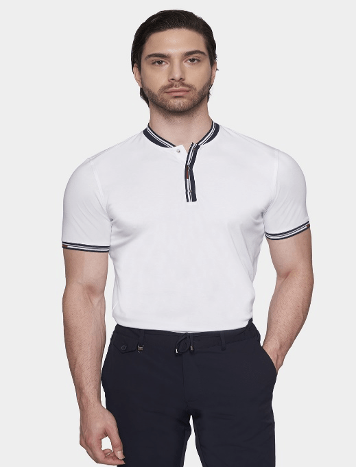 Men's white short-sleeve polo shirt with striped ribbed collar and button placket