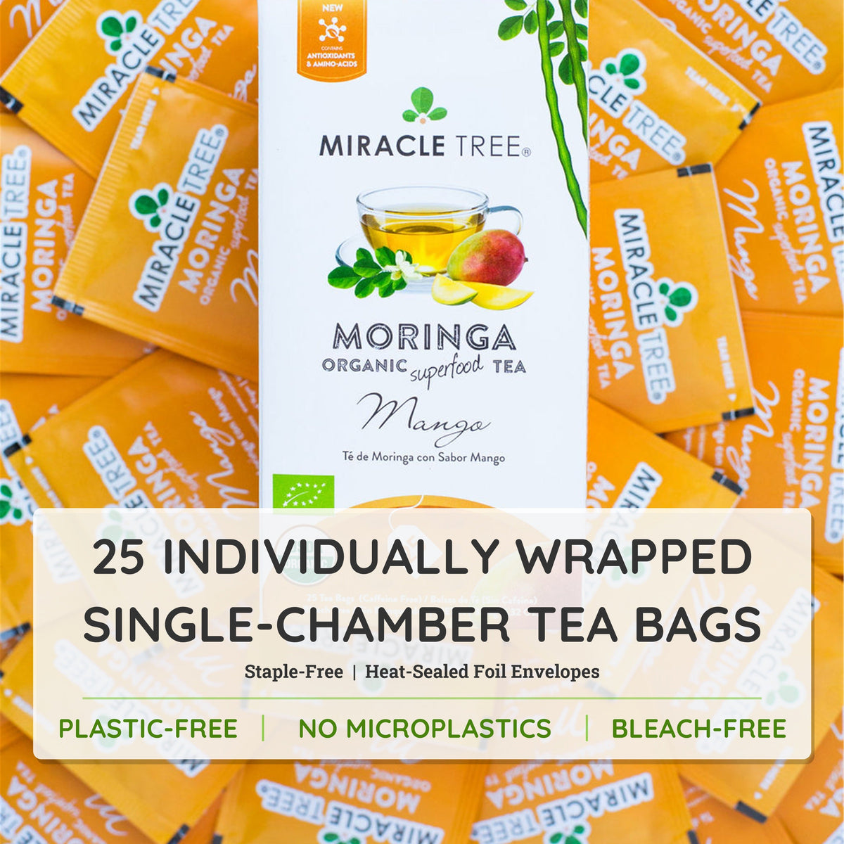 Miracle Tree moringa mango tea bags, 25 individually wrapped single-chamber foil packs