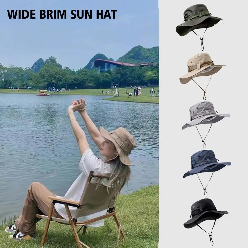 Khaki wide-brim bucket hat with chin strap and face-cover flap, outdoors