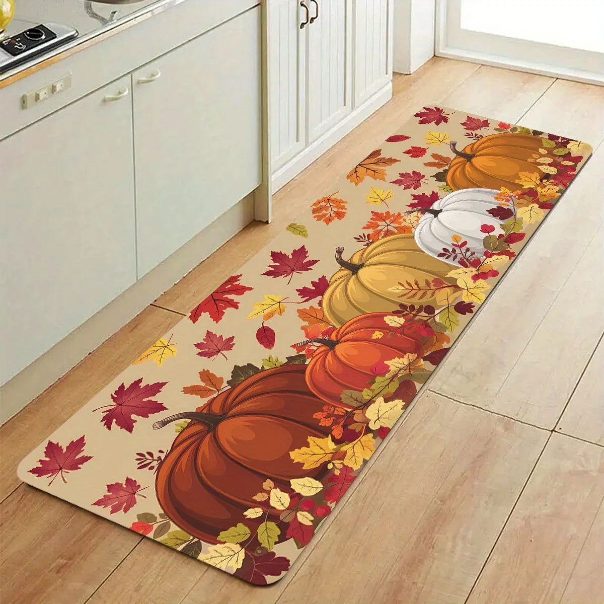 Long runner rug with stacked pumpkin illustration and maple leaves, warm autumn colors
