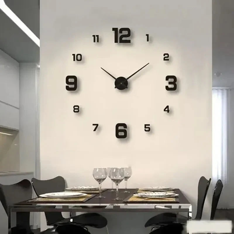 Frameless DIY wall clock decal with black numbers and black hands on a circular face