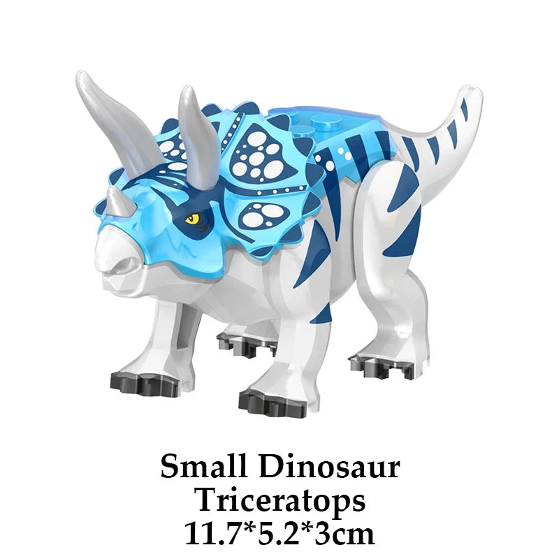 Blue and white triceratops building figure with three horns and black spotted face