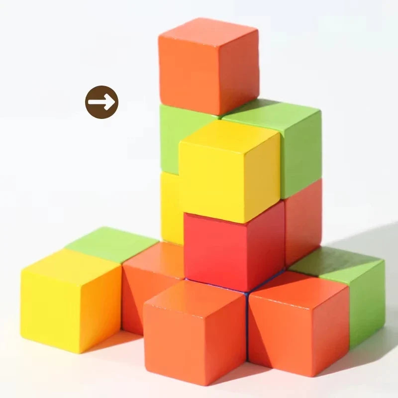 Tall stack of colorful wooden cube blocks with cubes arranged in layers