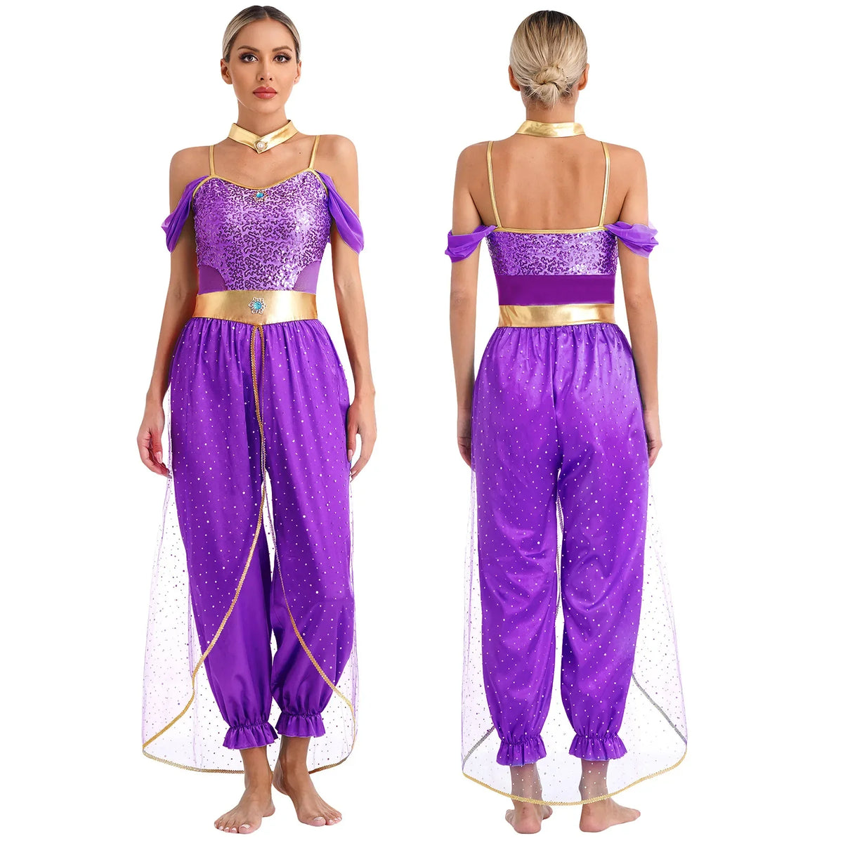 Purple sequined off-shoulder belly dancer costume with gold belt and harem pants