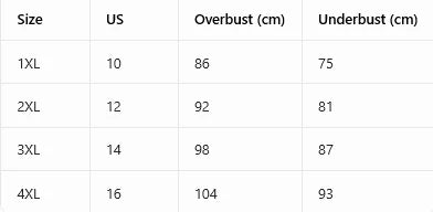 Bra size chart table with US size, overbust (cm), and underbust (cm)