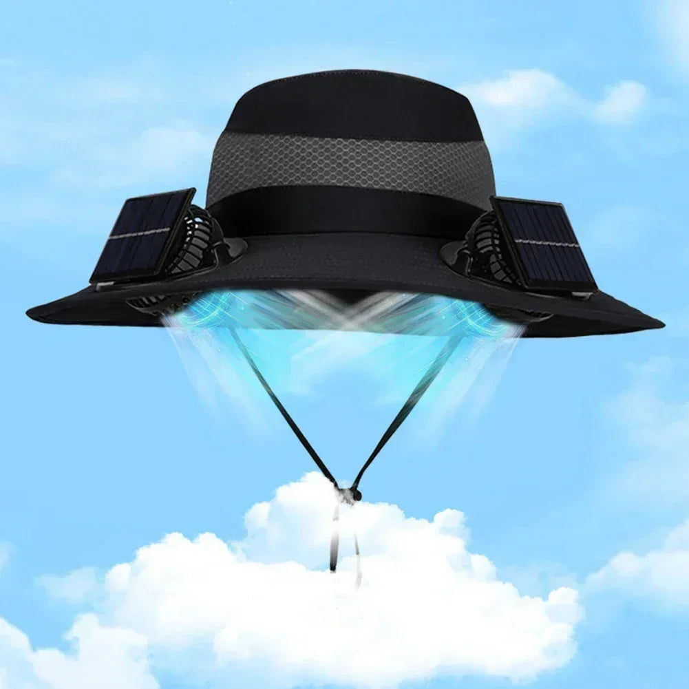 Black solar fan fisherman hat with side solar panels and airflow from front vents