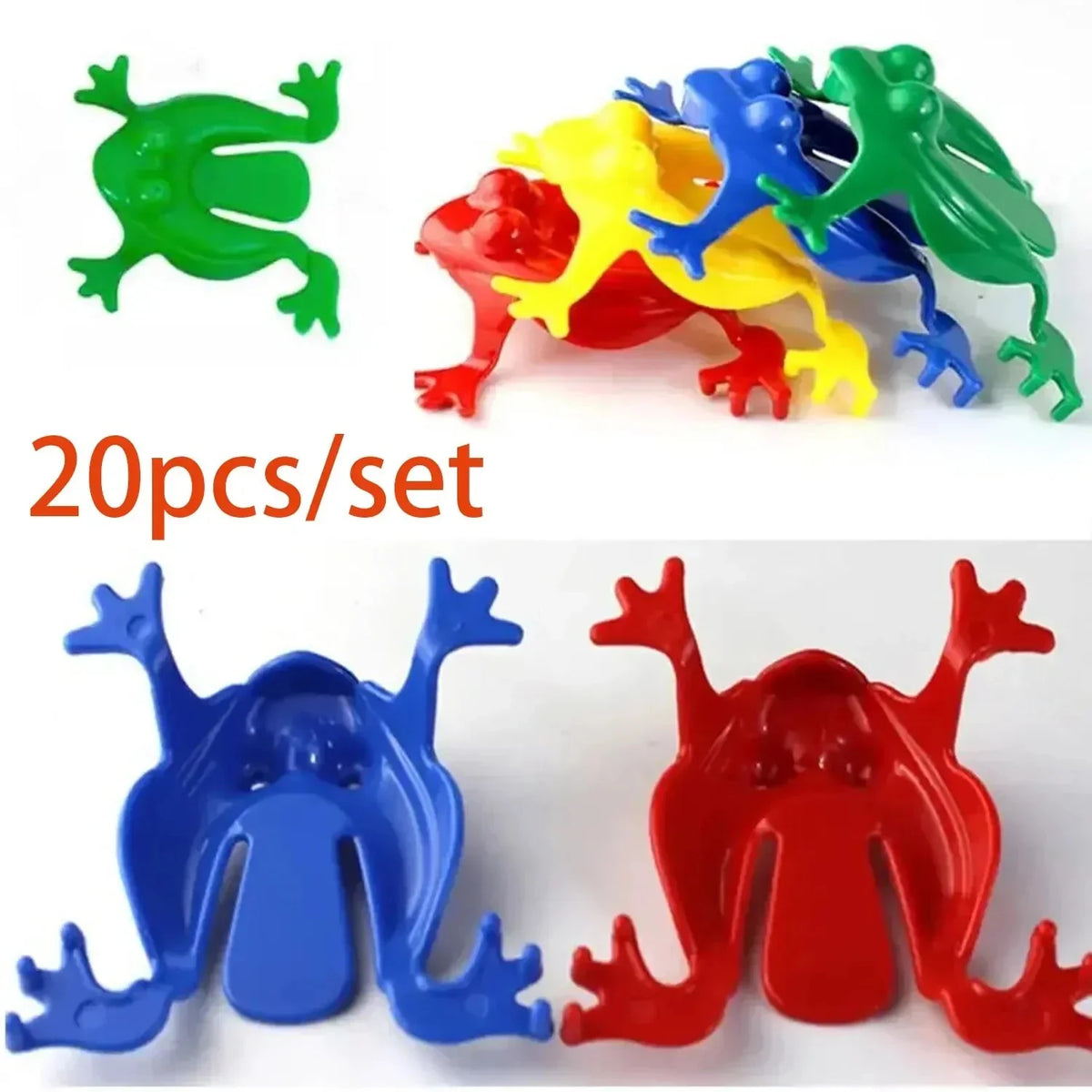 Set of colorful bouncing frog trampoline toys with green, blue, red, yellow frogs