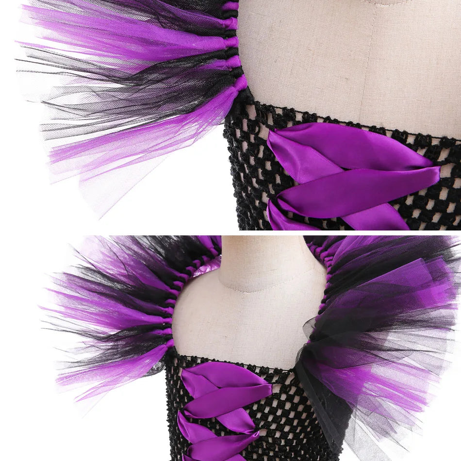 Girls black mesh bodice with purple ribbon accents and tulle ruffle shoulder detail