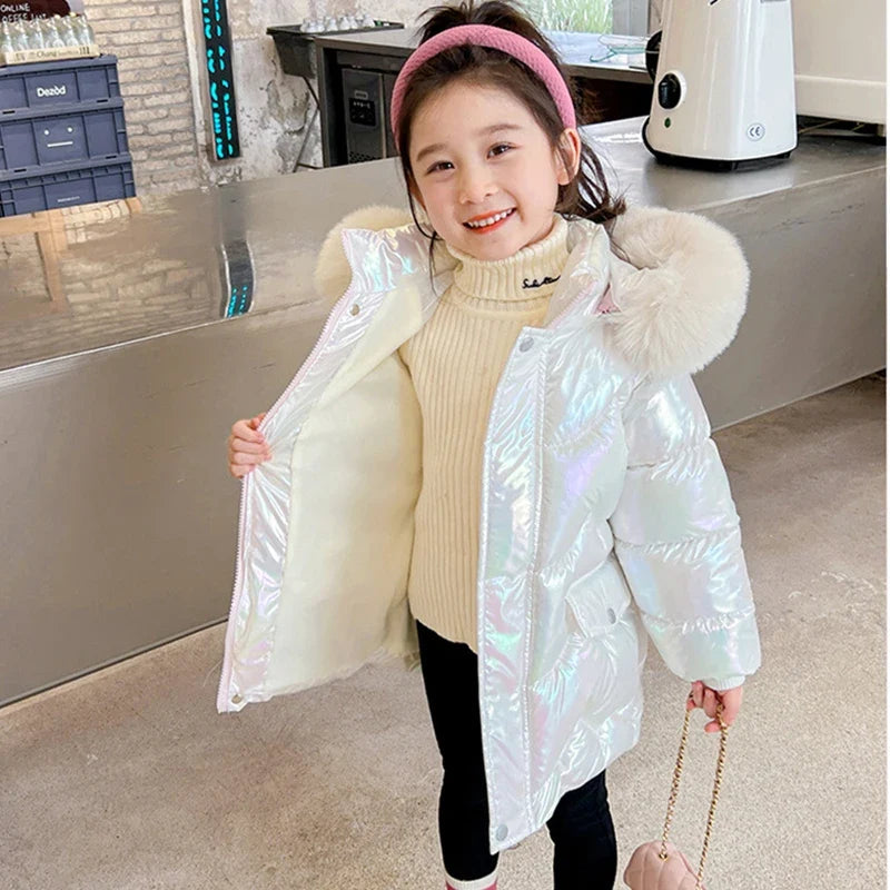 Girls hooded puffer jacket with faux fur collar and zipper, white iridescent shimmer.