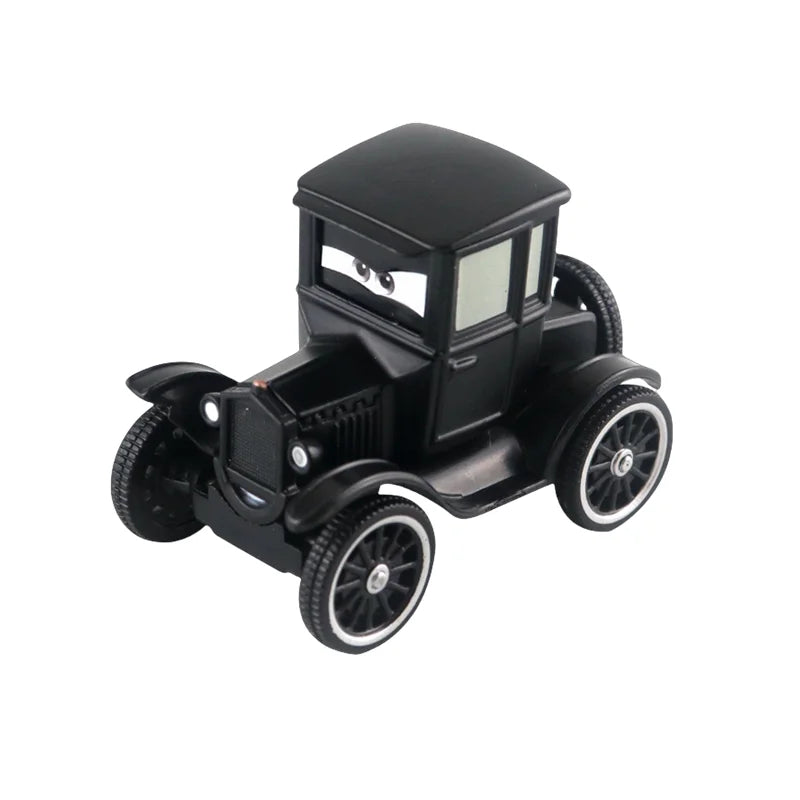 Black diecast vintage race car model with windshield and spoked wheels, angled view