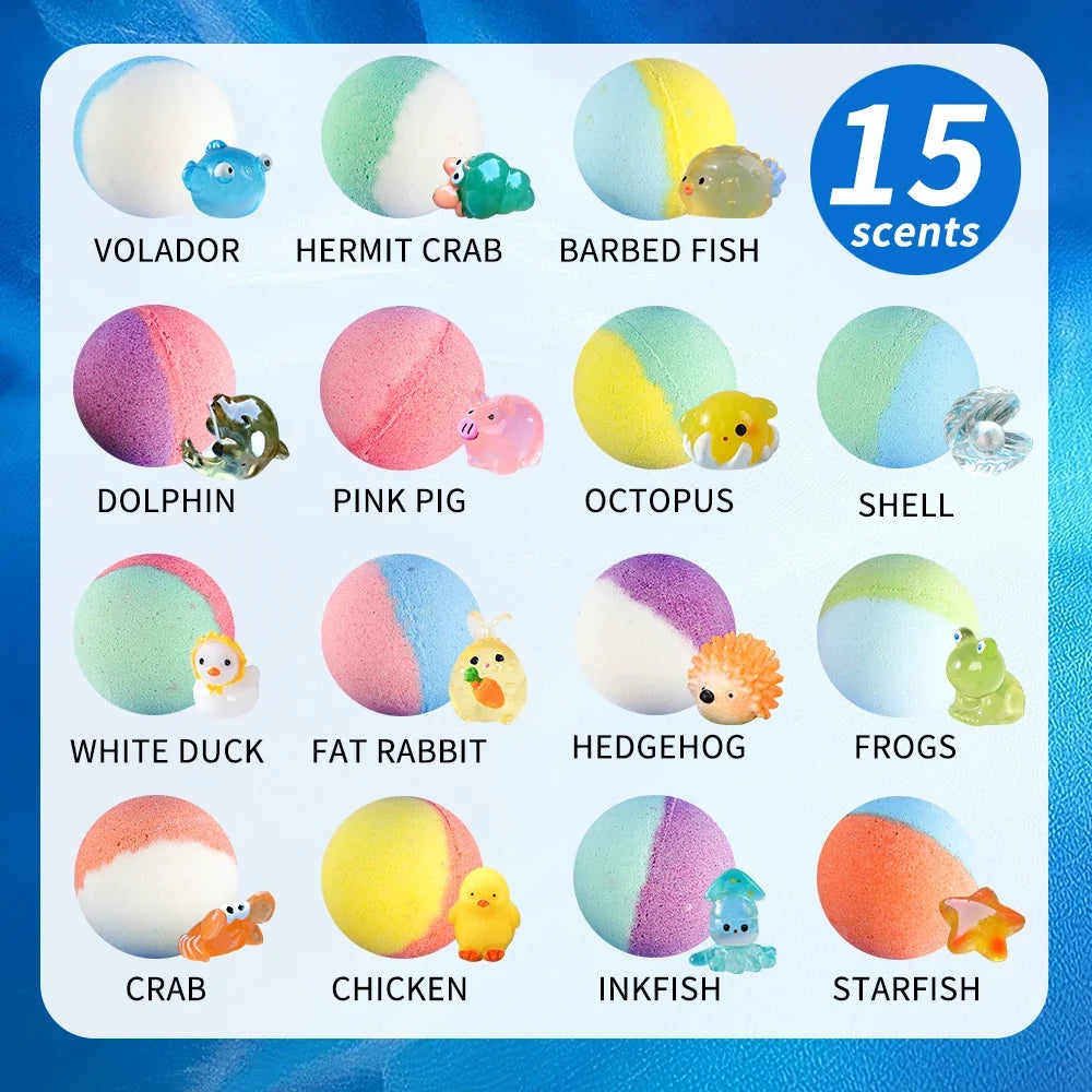 Kids bath bomb set scent chart card showing 15 animal themed bath toy icons