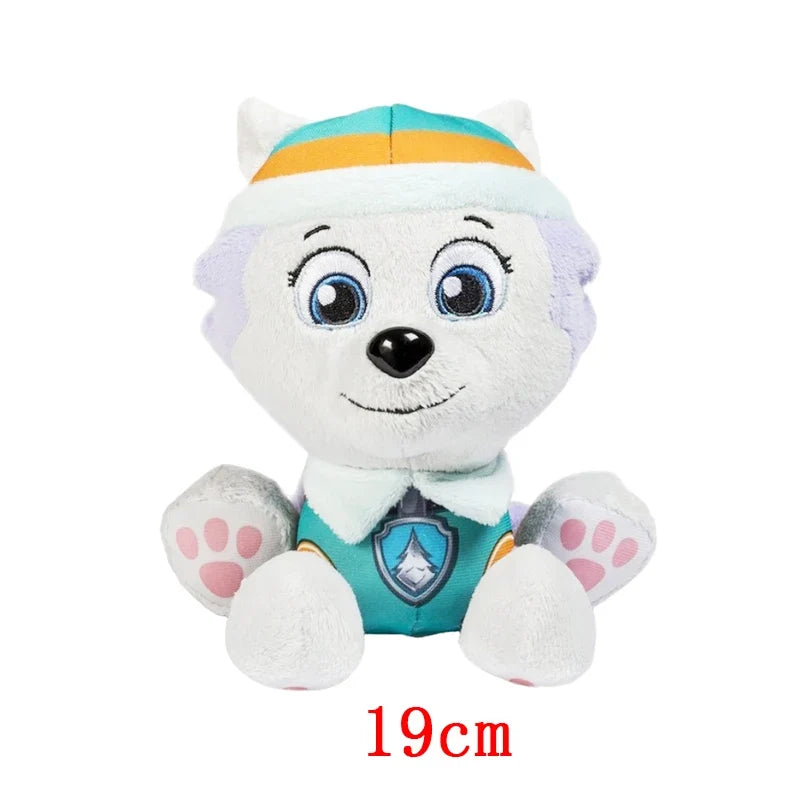 19 cm cartoon dog plush doll with white-blue outfit, striped beanie, paw pads