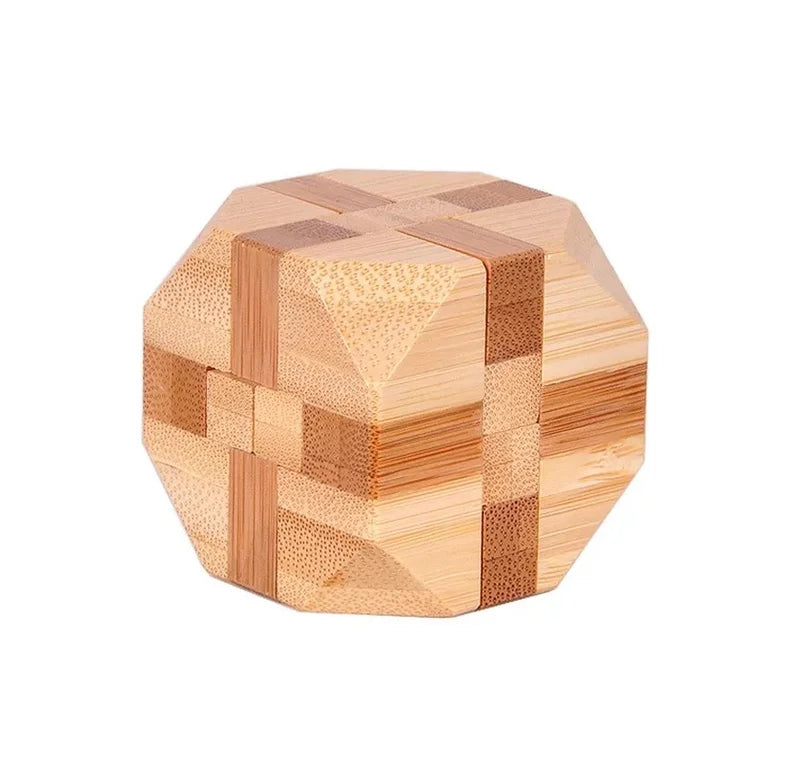Octagonal wooden interlocking burr puzzle with geometric inlays and warm light wood tones