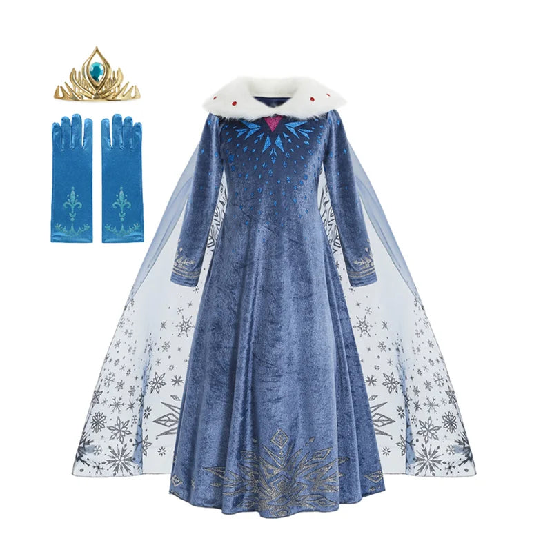 Girls long-sleeve blue princess dress with white fur collar and sheer snowy overlay skirt
