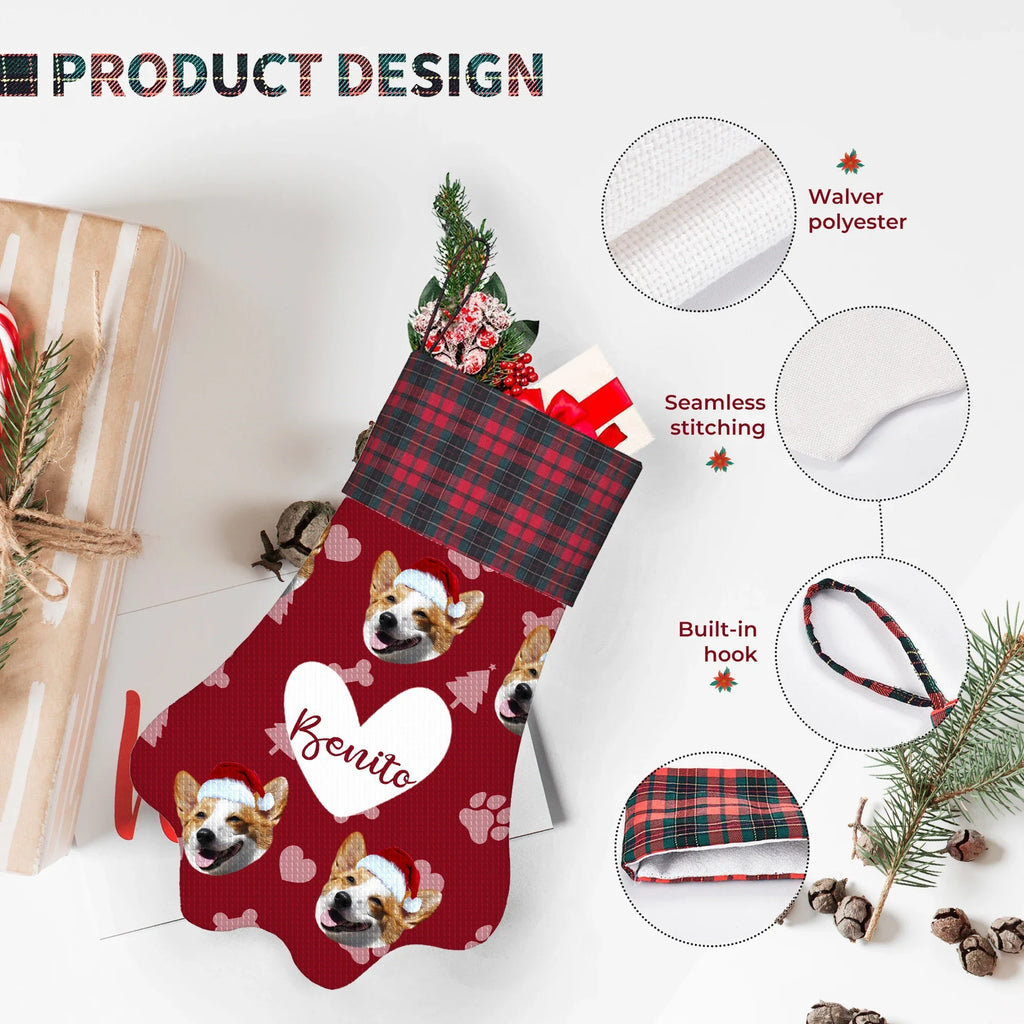 Personalized Christmas stocking with red plaid cuff, dog pattern, built-in hanging hook