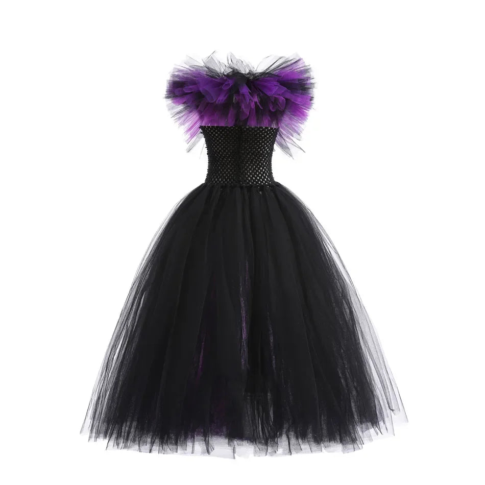 Girls black tulle dress with purple ribbon bodice and full skirt volume