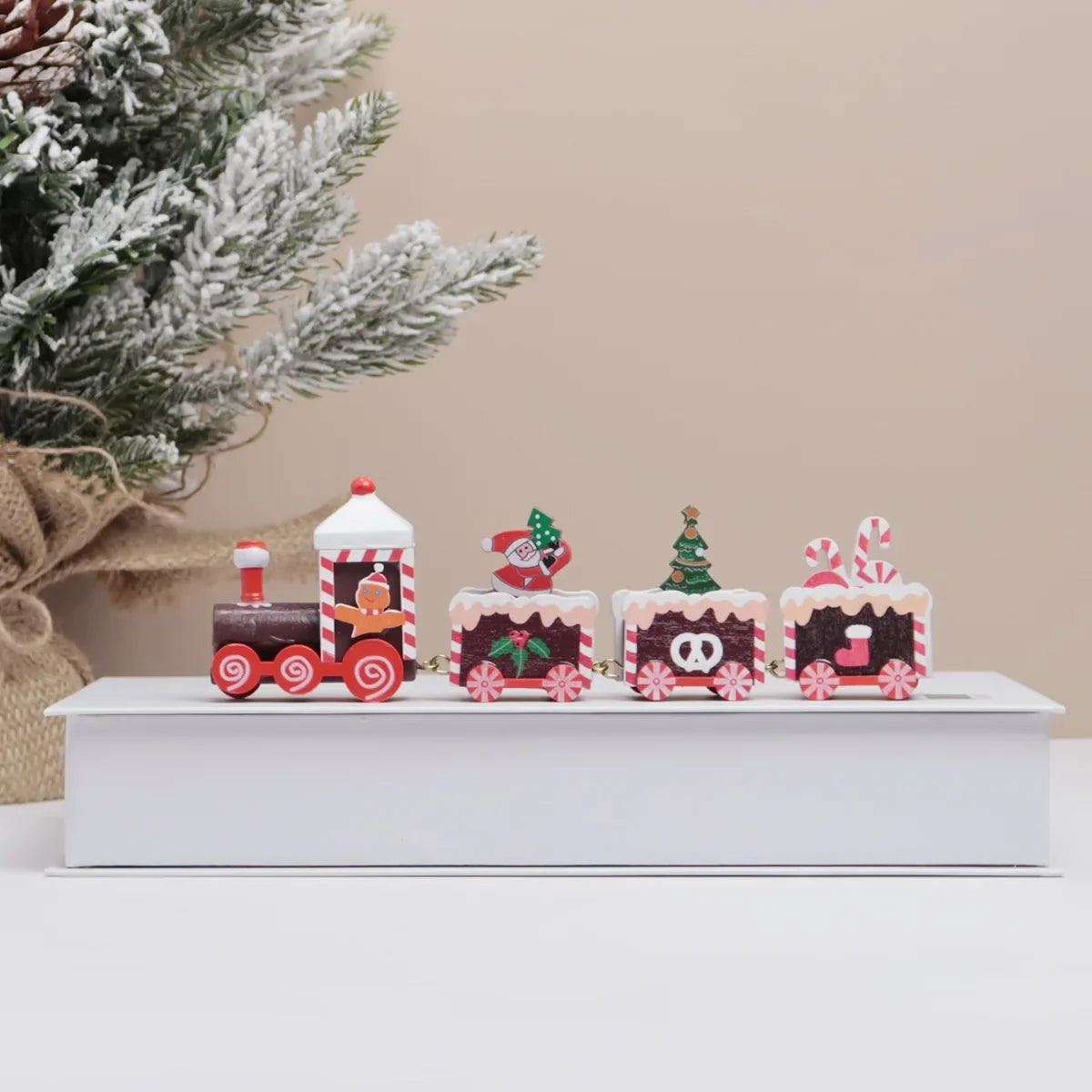 Mini tabletop wooden Christmas train set with chimney engine and decorated boxcars