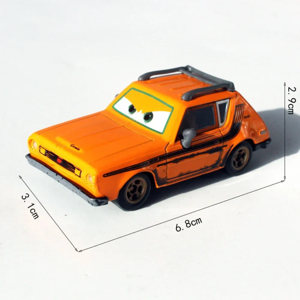 Diecast racing car model toy in orange with windshield eyes and black tires