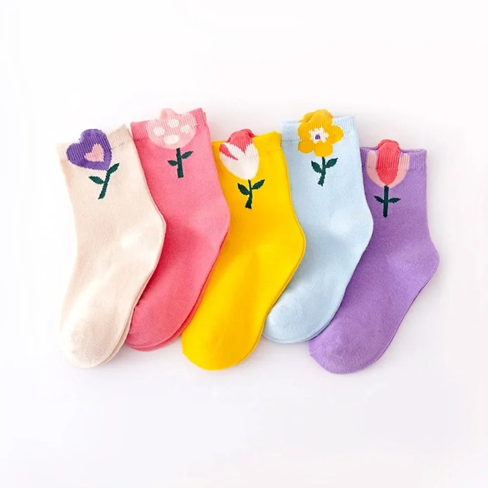 Girls crew sock set of five pairs with cartoon flower and heart prints, mixed colors
