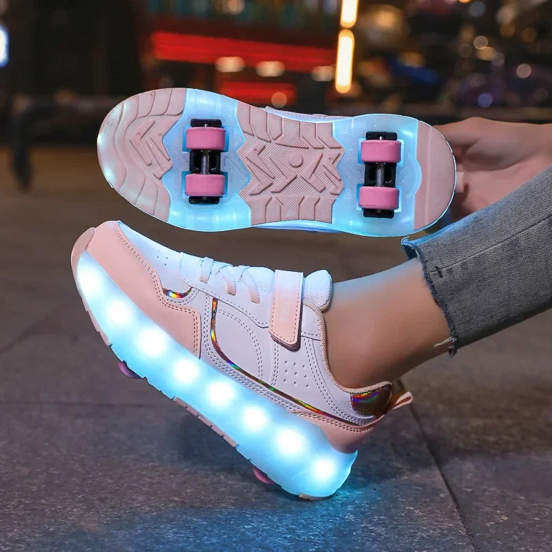 White LED roller sneakers with pink wheel accents and glowing blue wheel lights, outsole view