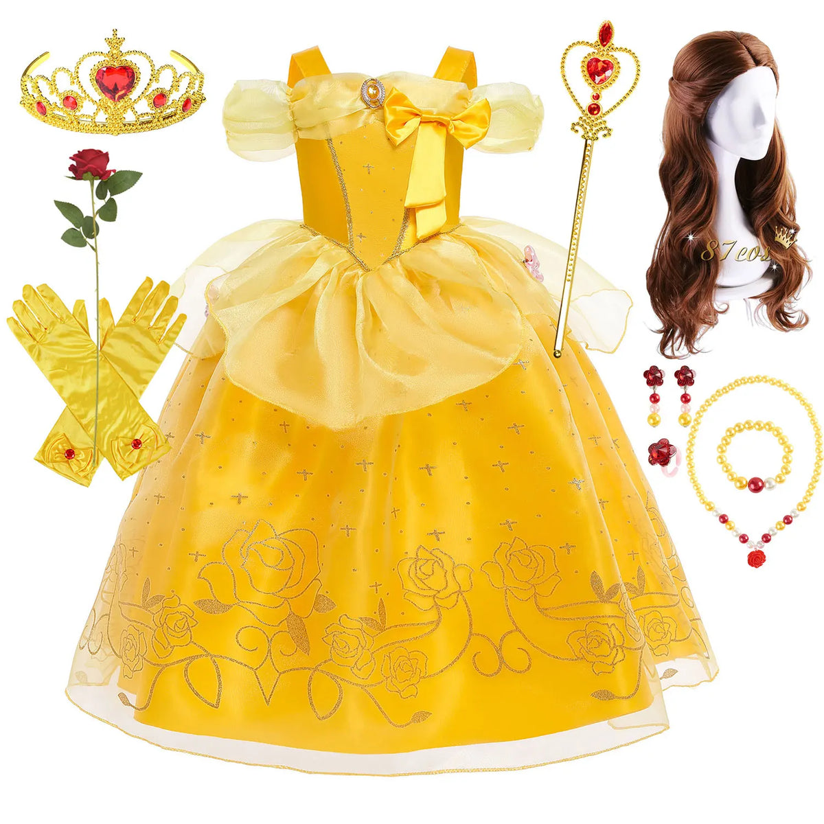 Yellow princess cosplay dress for kids with satin bodice, bow accents, and tulle skirt