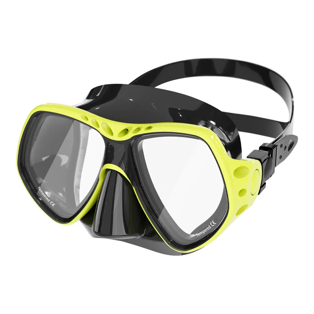 Black and neon yellow-green diving goggles with tinted tempered lenses