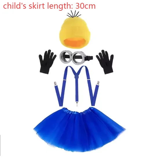 Kids Halloween accessory set: yellow beanie, goggles, black gloves, blue suspenders, blue tutu