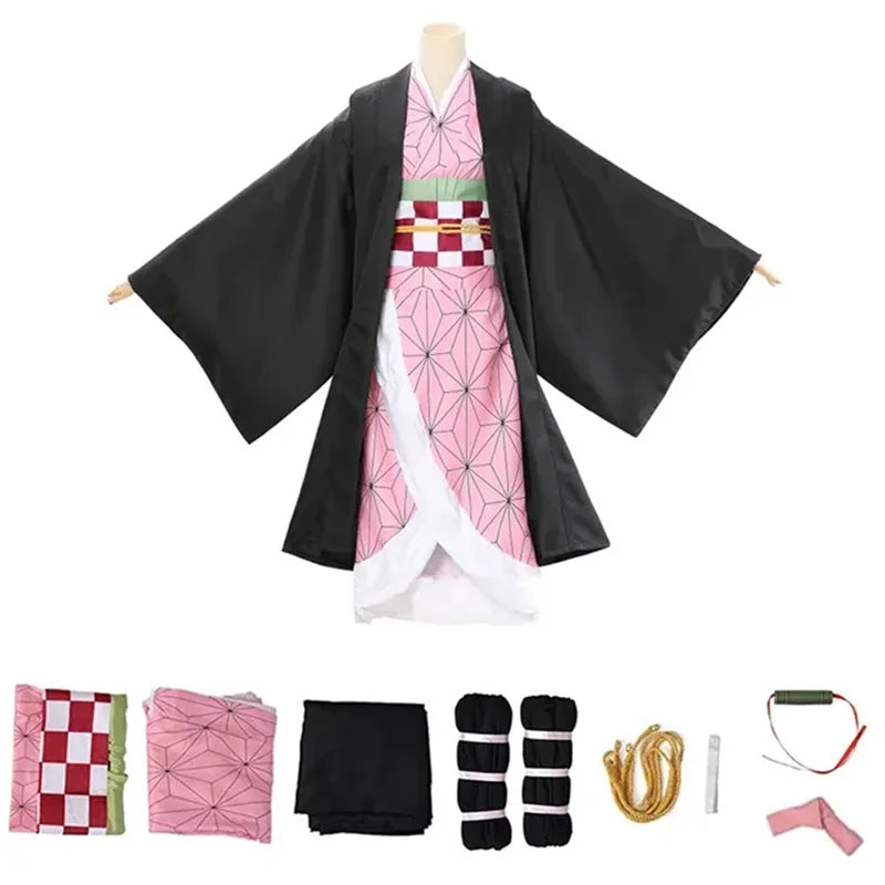Black haori over pink geometric kimono cosplay dress with check obi belt; accessory set