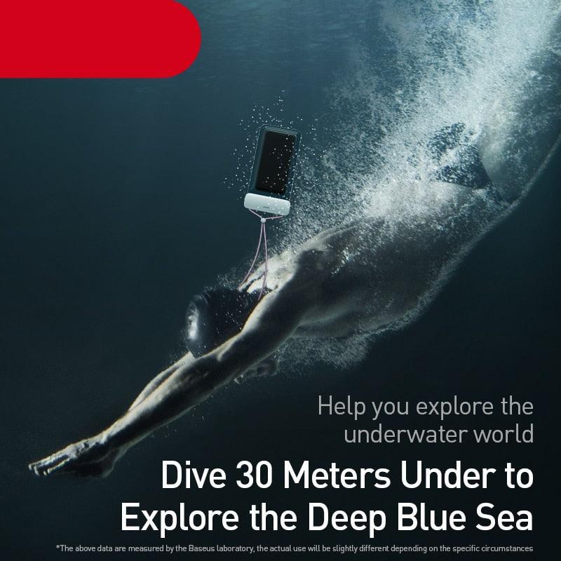 Waterproof phone pouch case with clear window and lanyard in underwater use