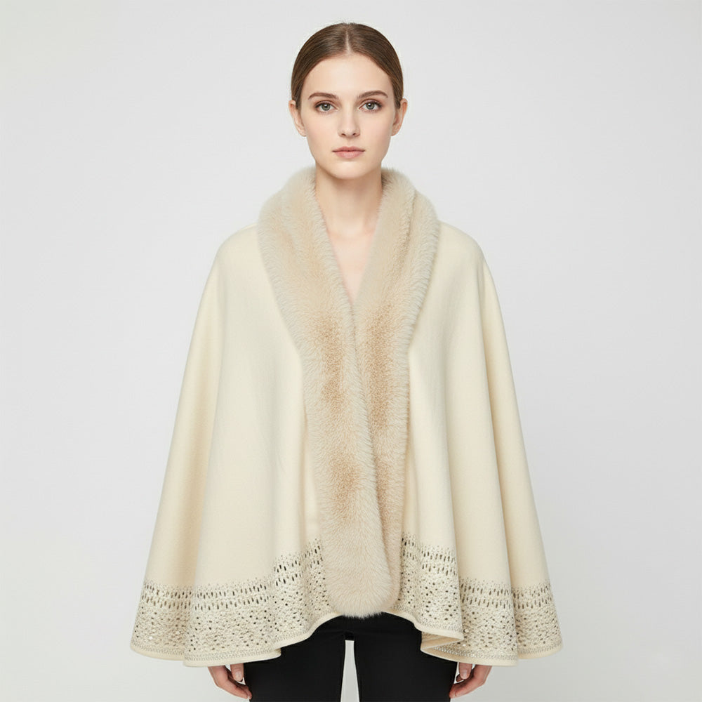 Faux fur trim rhinestone poncho shawl in ivory with beige fur trim and jeweled hem