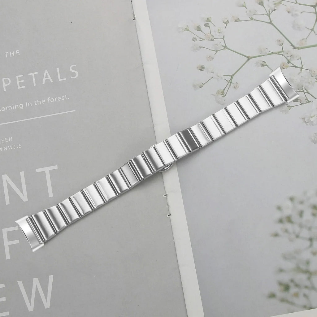 Silver stainless steel link band close-up with rectangular link bars