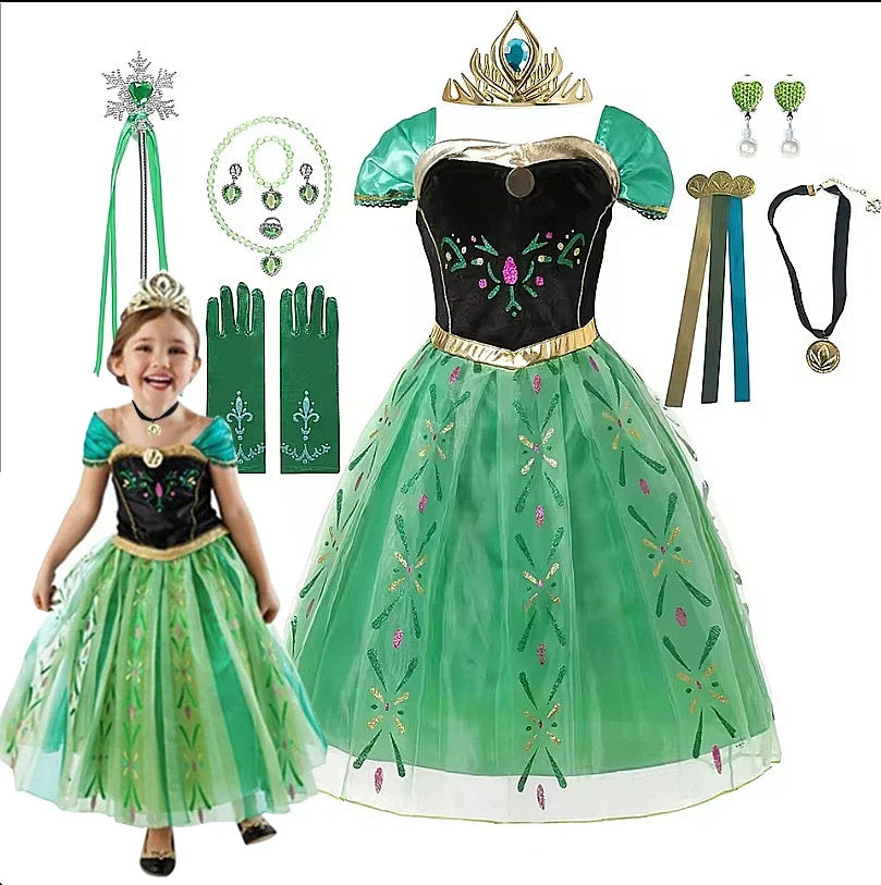 Green kids princess-style dress with black bodice, gold trim, and flared tulle skirt.