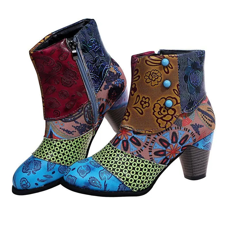Women’s patchwork ankle boots with side zipper and stacked heel in multicolor prints