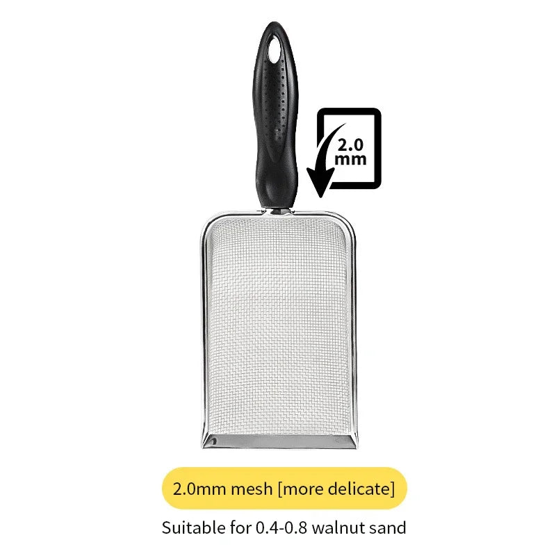 Stainless steel sifting scoop with 2.0mm mesh screen and black handle