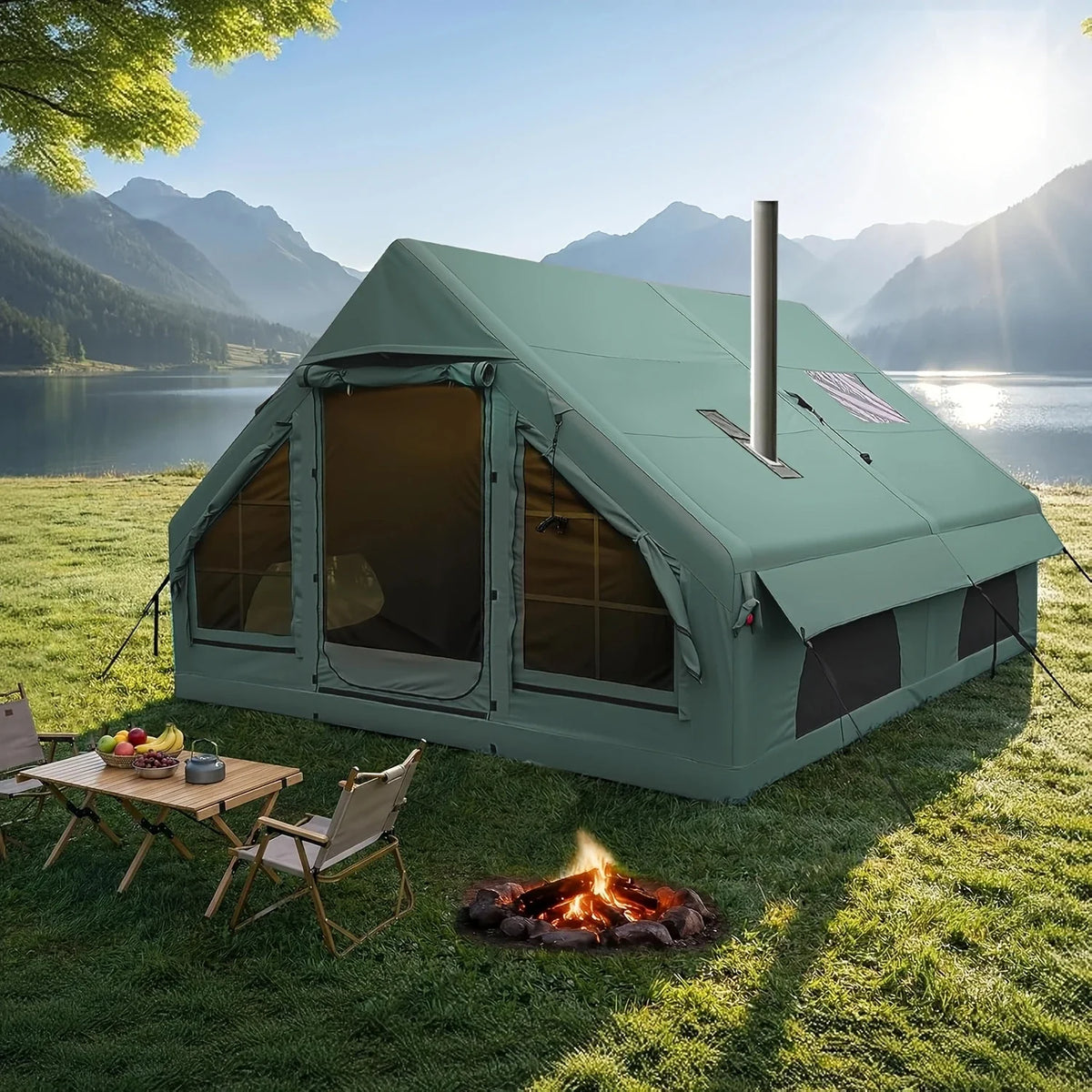 Olive inflatable camping tent with front mesh door, side windows, and rainfly overhang
