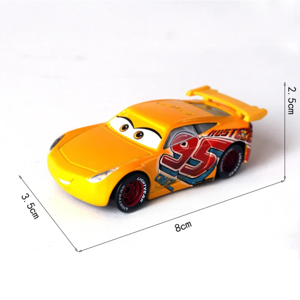 Orange and yellow diecast racing car toy with racing number decals