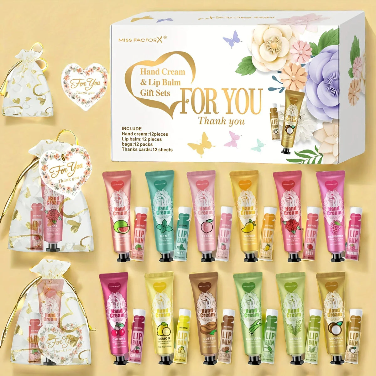 Hand cream & lip balm gift set with assorted tubes and heart drawstring net bags