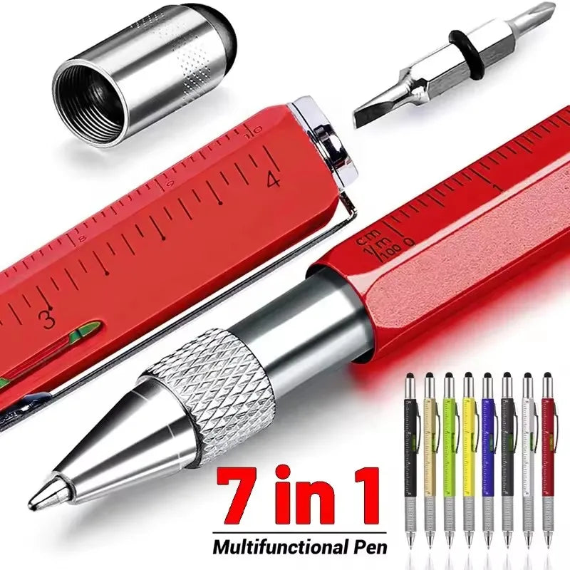 7-in-1 stylus pen with red ruler, silver tip, and screwdriver attachment