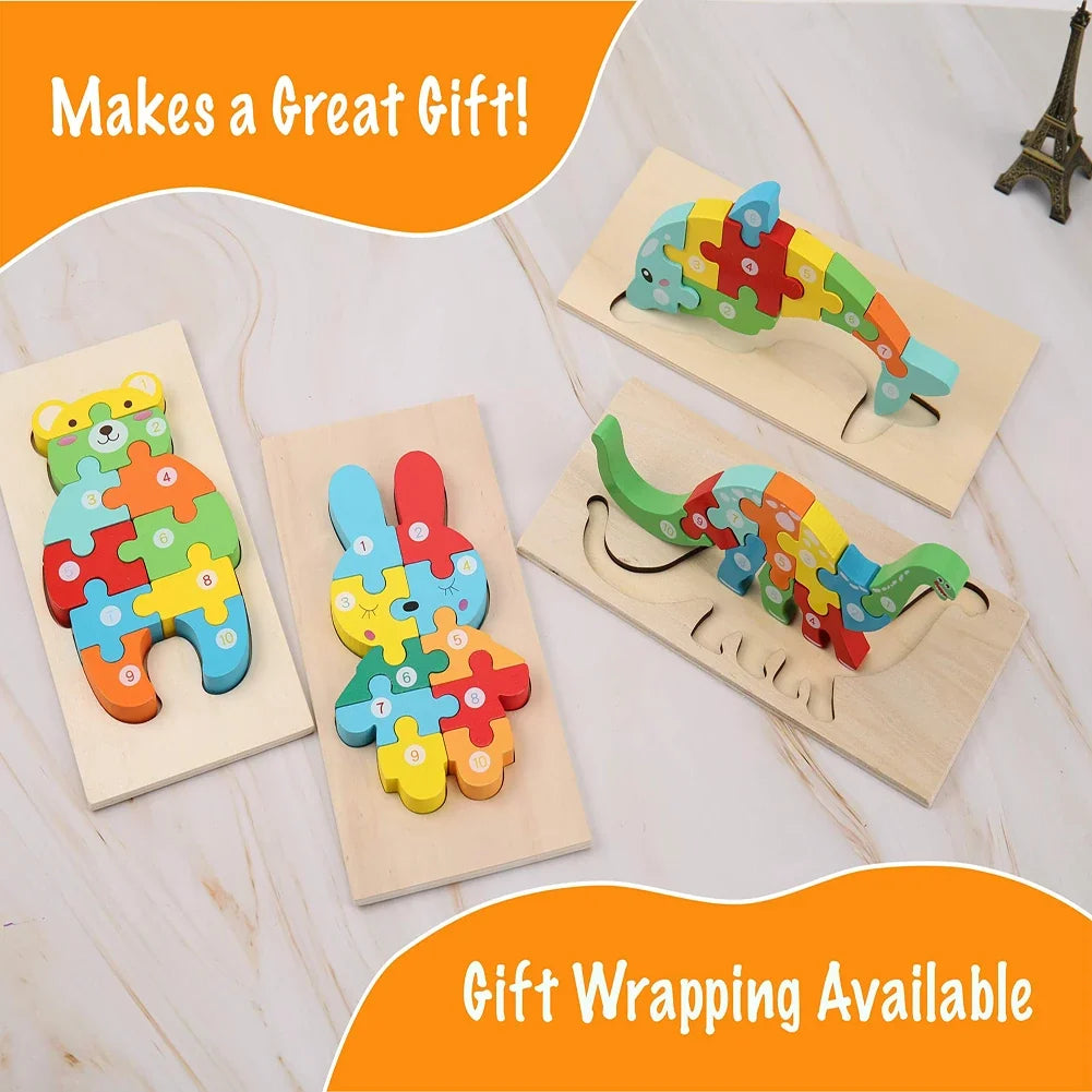 Set of wooden animal number puzzles in cartoon shapes on rectangular boards