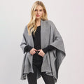Gray soft knit shawl cape poncho with ribbed trim, open front drape