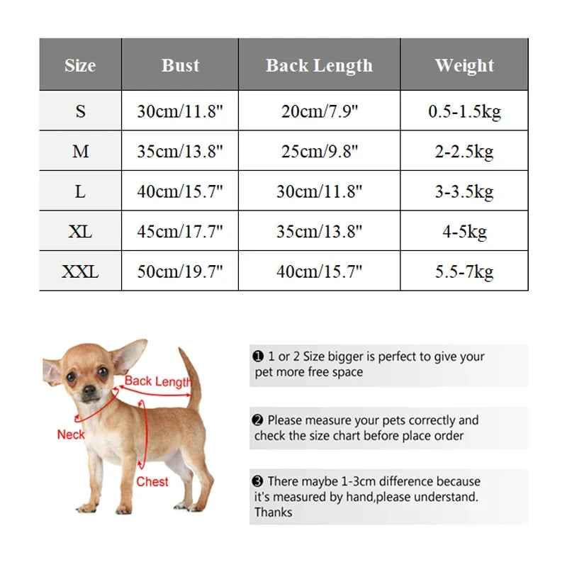 Dog sweater size chart with bust, back length, weight and measuring guide illustration
